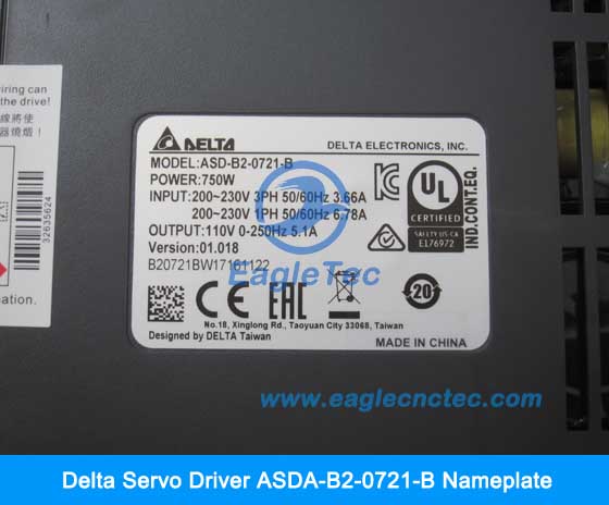 delta servo drive 750W Model ASD-B2-0721-B nameplate